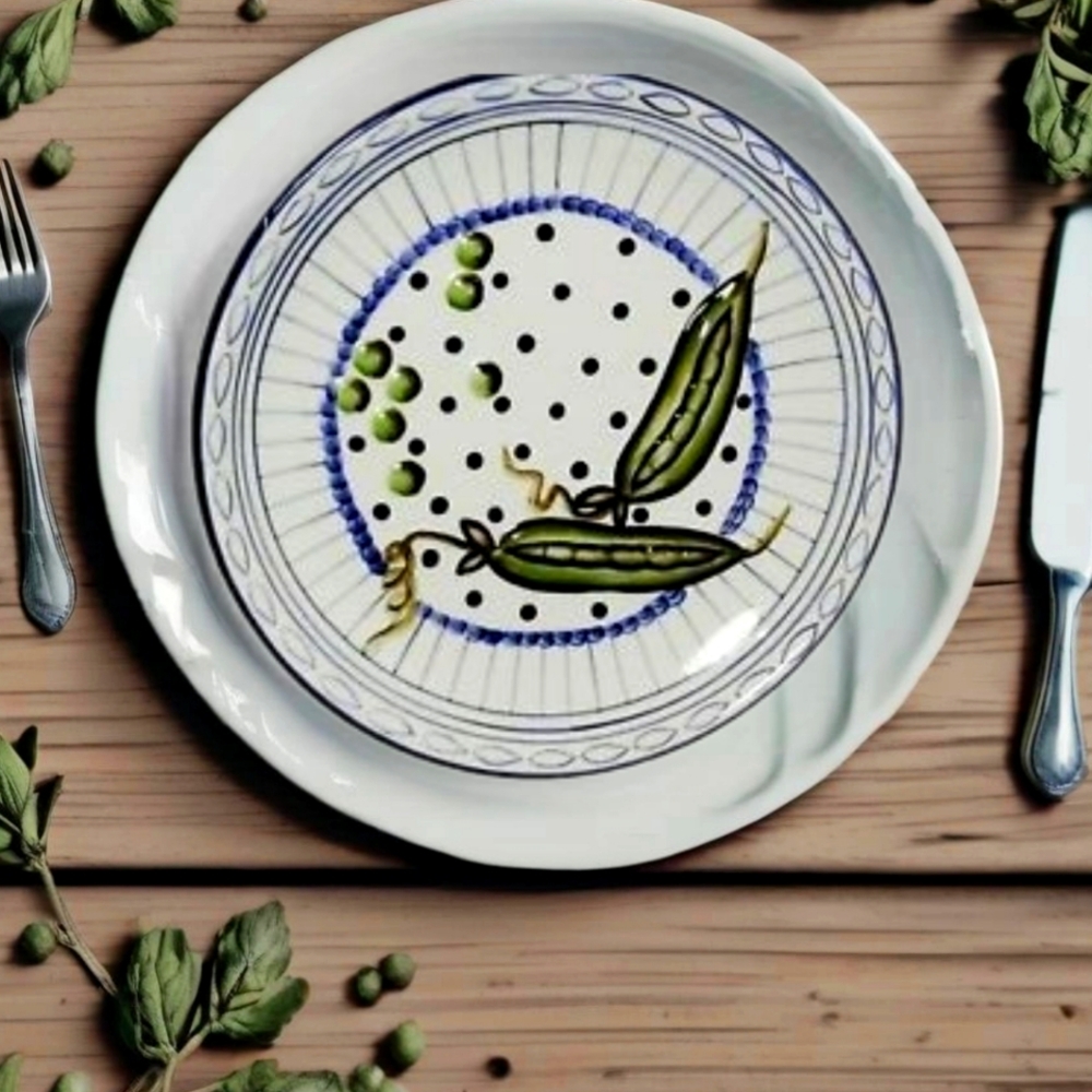 Whimsical Handcrafted Aqua Green Peas in Pod Ceramic Wall Art Plate